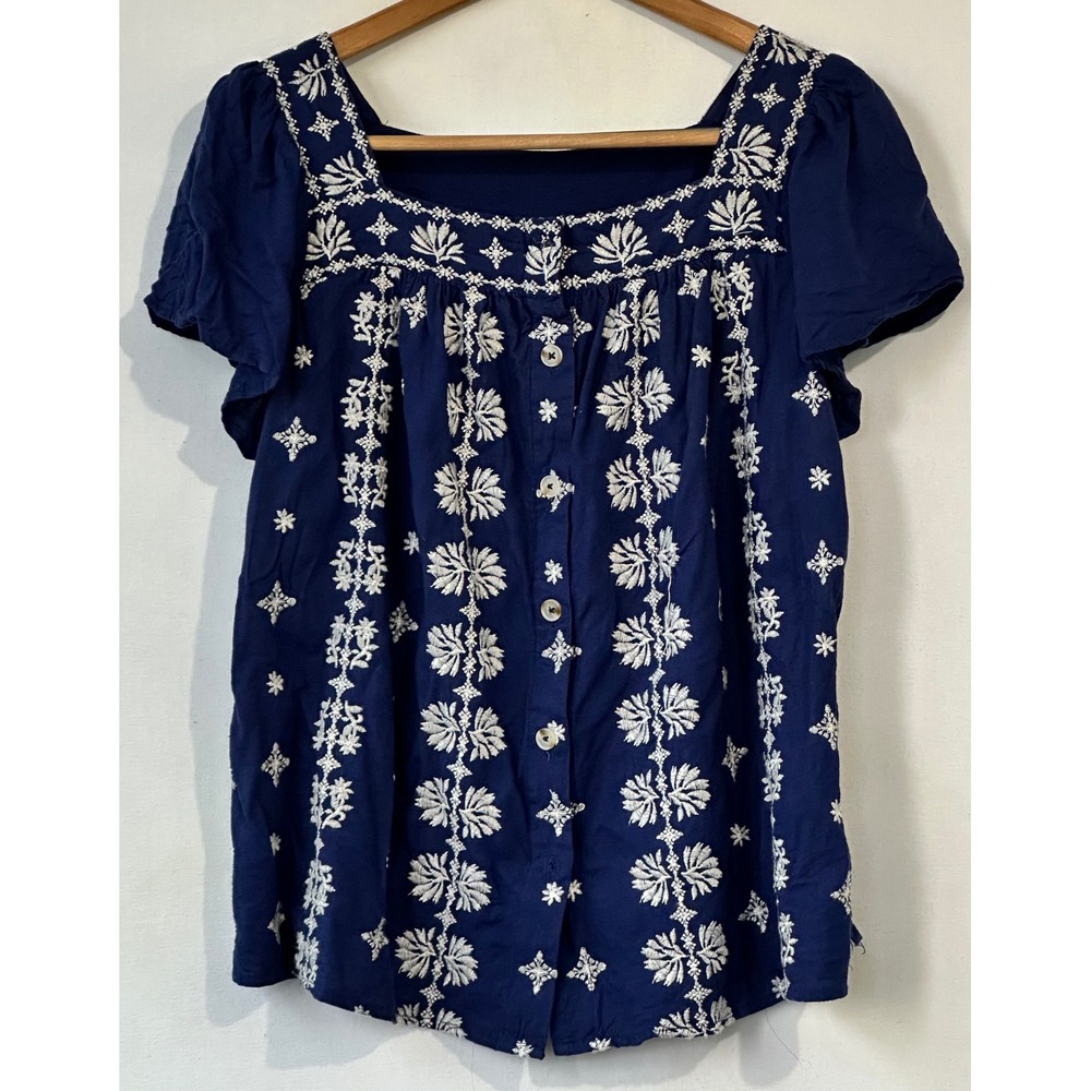 Torrid Blouse Embroidered BOHO Fall Womens L Linen Blend Blue Excellent